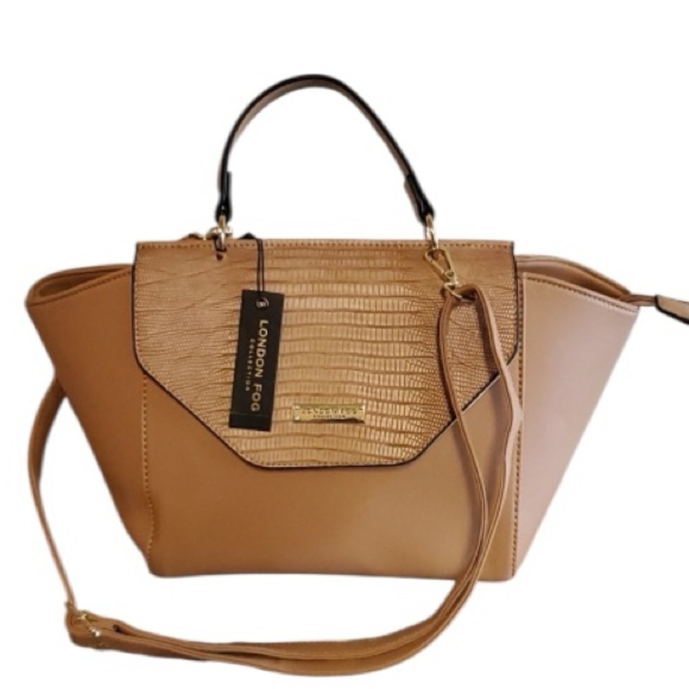 NWT London Fog satchel Shoulder Bag Tan Structured Detachable Shoulder Strap